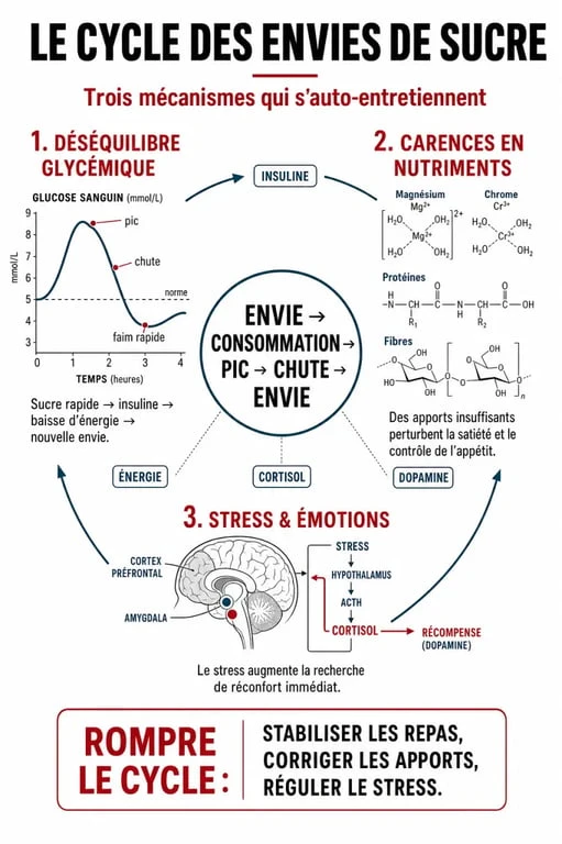 Infographie expliquant la signification et les causes des envies de sucre : mécanismes biologiques et émotionnels