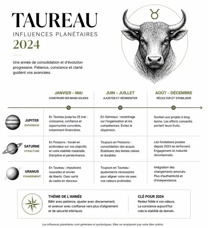 Infographie des influences planétaires pour l'horoscope Taureau 2024