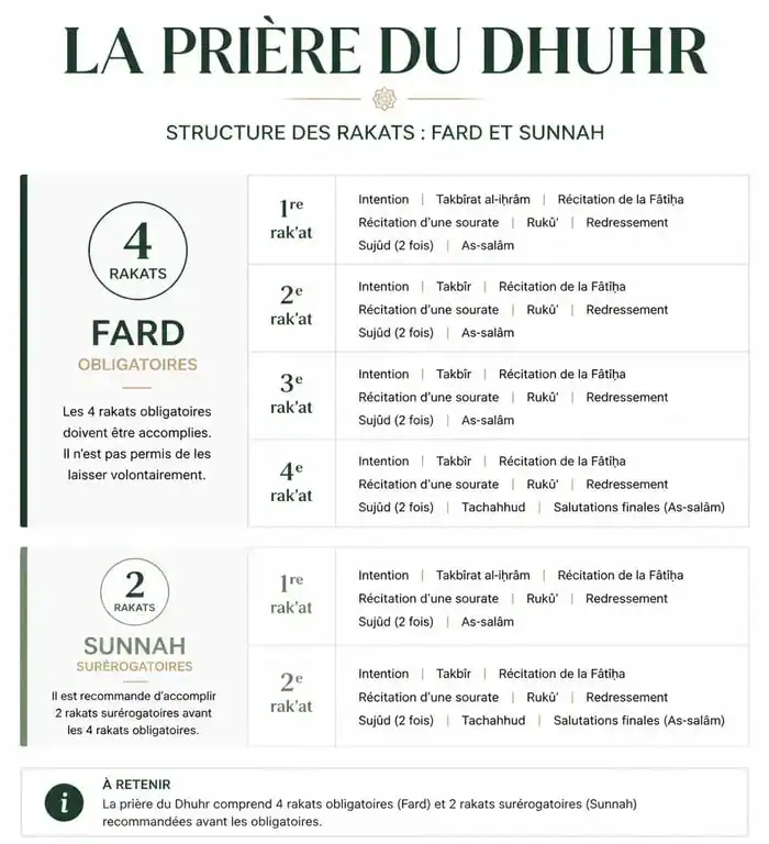 Infographie expliquant le nombre de rakats pour la prière du Dhuhr