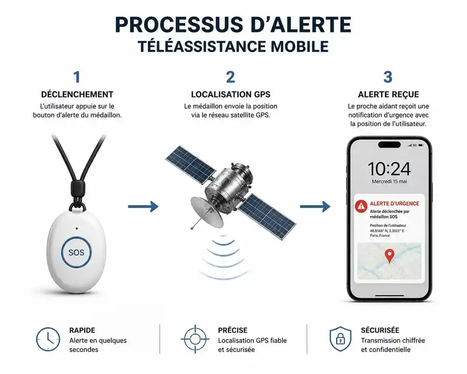 Schéma du fonctionnement du dispositif de téléassistance mobile Nirbi : de la détection de chute à l'alerte GPS des proches.
