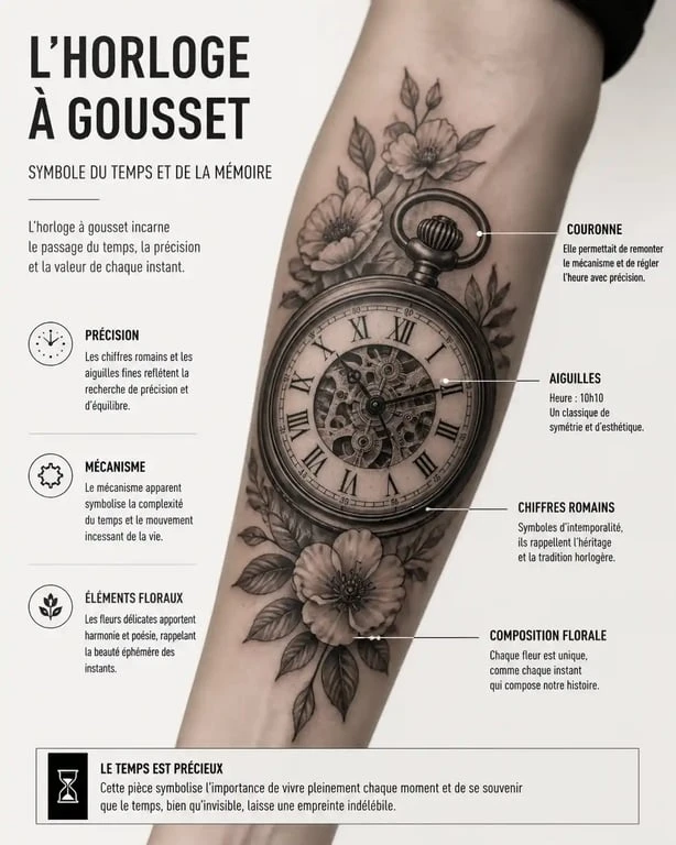 Tatouage horloge date de naissance sur avant-bras, style réaliste black and grey