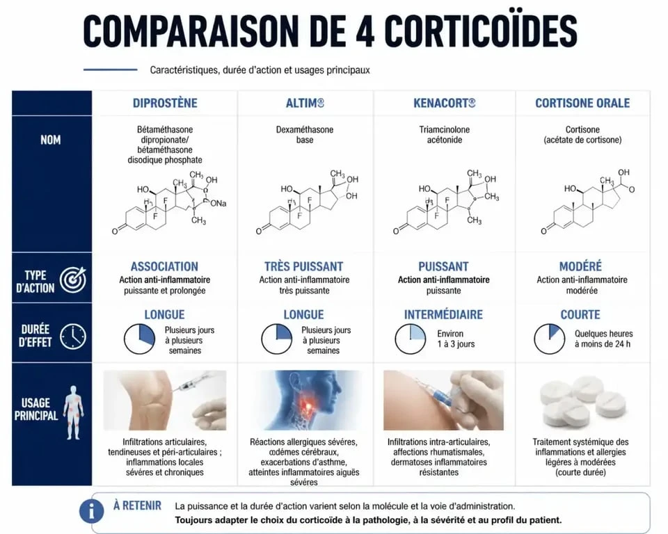 Infographie comparative des corticoïdes injectables : Diprostène, Altim, Kenacort et Cortisone orale pour comprendre les différences d'efficacité.