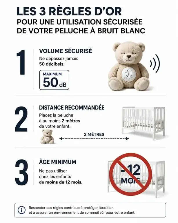 Infographie des règles de sécurité pour l'utilisation d'une peluche à bruit blanc pour bébé
