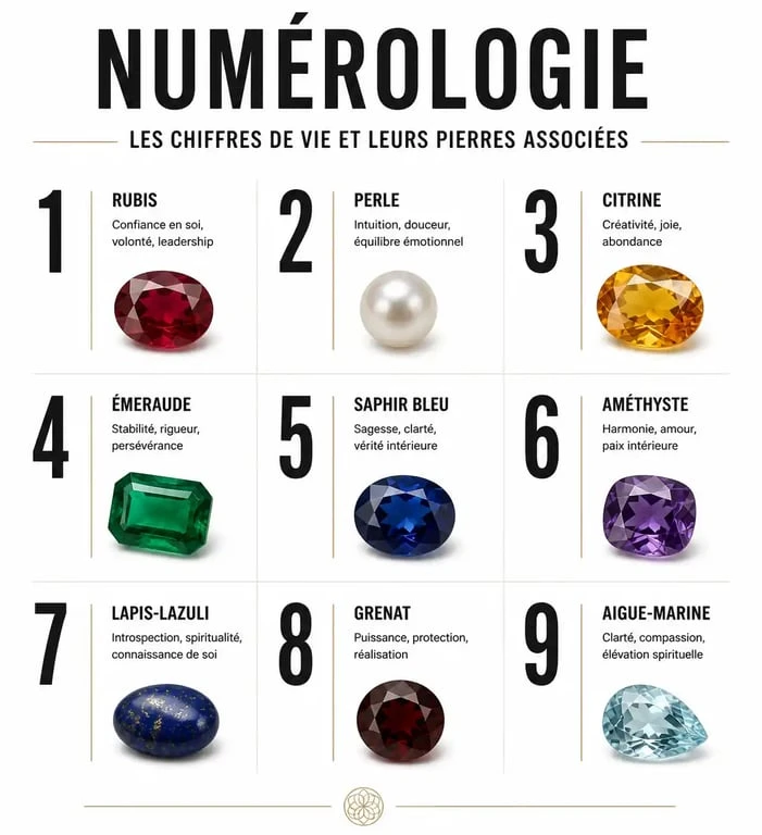 Tableau des pierres de vie selon le chemin de vie en numérologie