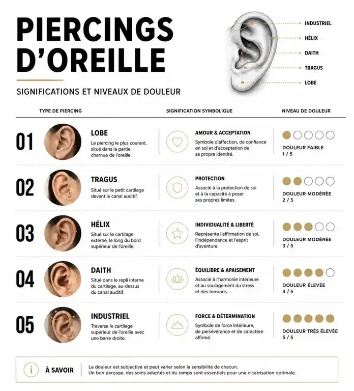 Infographie comparative des significations et niveaux de douleur des piercings d'oreille, incluant le piercing tragus et sa signification.