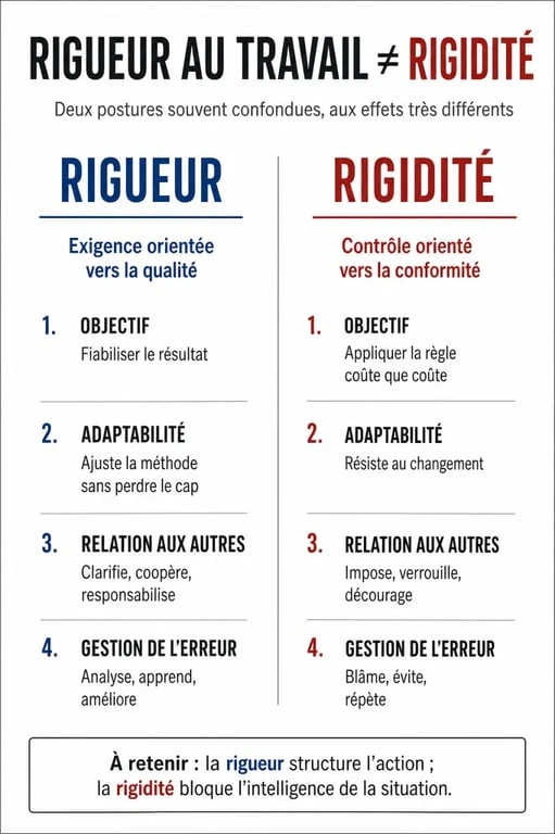 Infographie comparative illustrant la différence entre la rigueur dans le travail et la rigidité professionnelle.