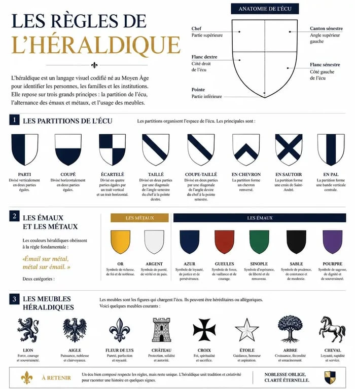 Infographie des règles de l'héraldique pour créer son blason en ligne gratuit