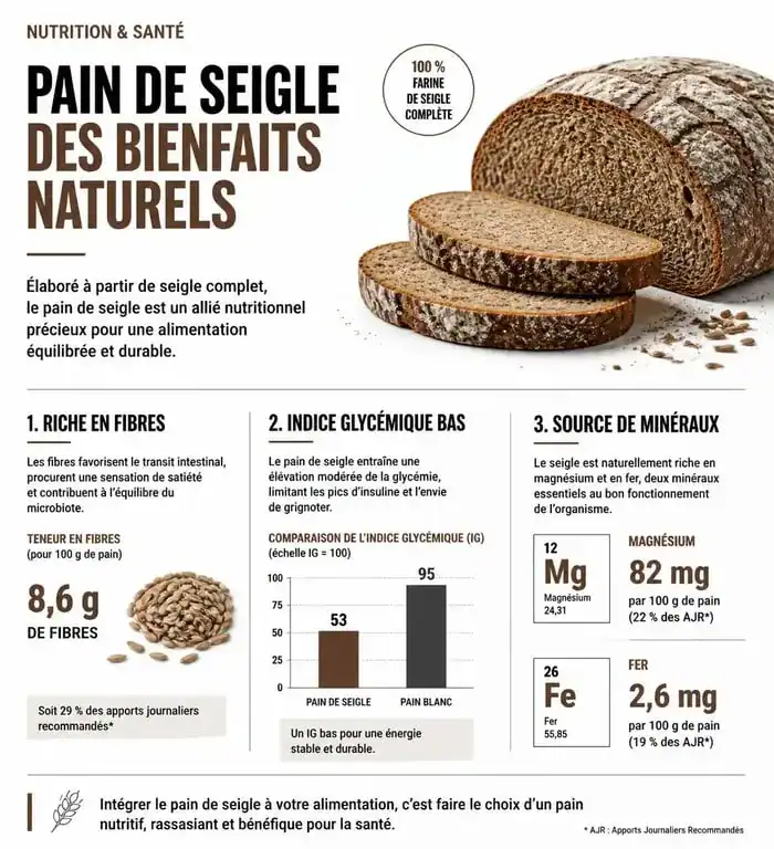 Infographie des bienfaits nutritionnels et santé du pain de seigle