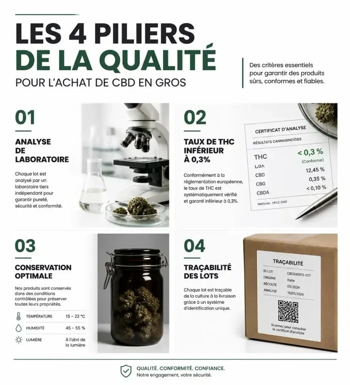 Infographie des critères de qualité pour l'achat de kilogramme CBD