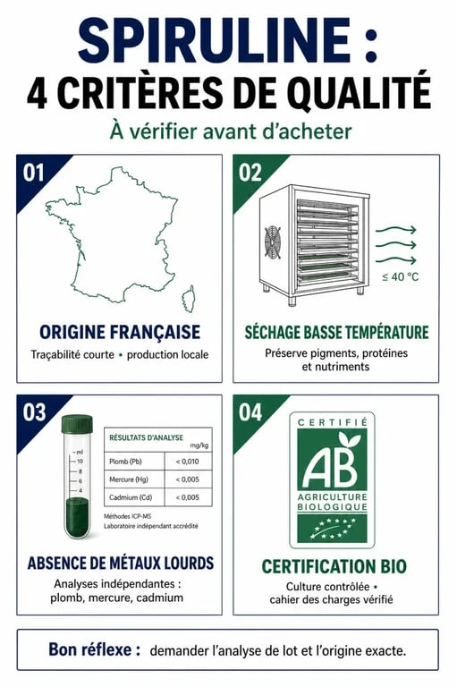 Infographie des critères pour bien acheter sa spiruline de qualité