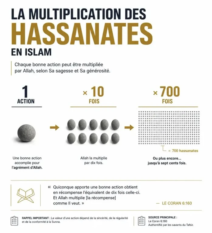 Infographie illustrant la multiplication des hassanates et des récompenses spirituelles en islam