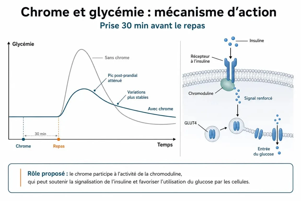 Infographie expliquant le moment optimal pour prendre du chrome pour réguler la glycémie et l'insuline