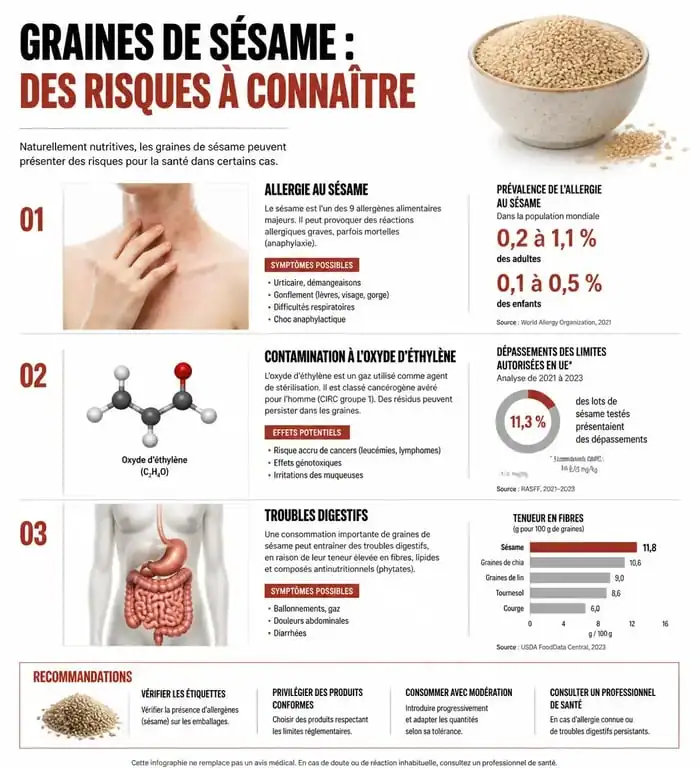 Infographie sur les effets secondaires et risques des graines de sésame : allergies, contaminants chimiques et troubles digestifs.