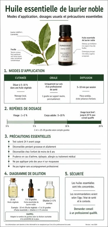 Infographie sur les modes d'utilisation et les précautions de l'huile essentielle de laurier noble