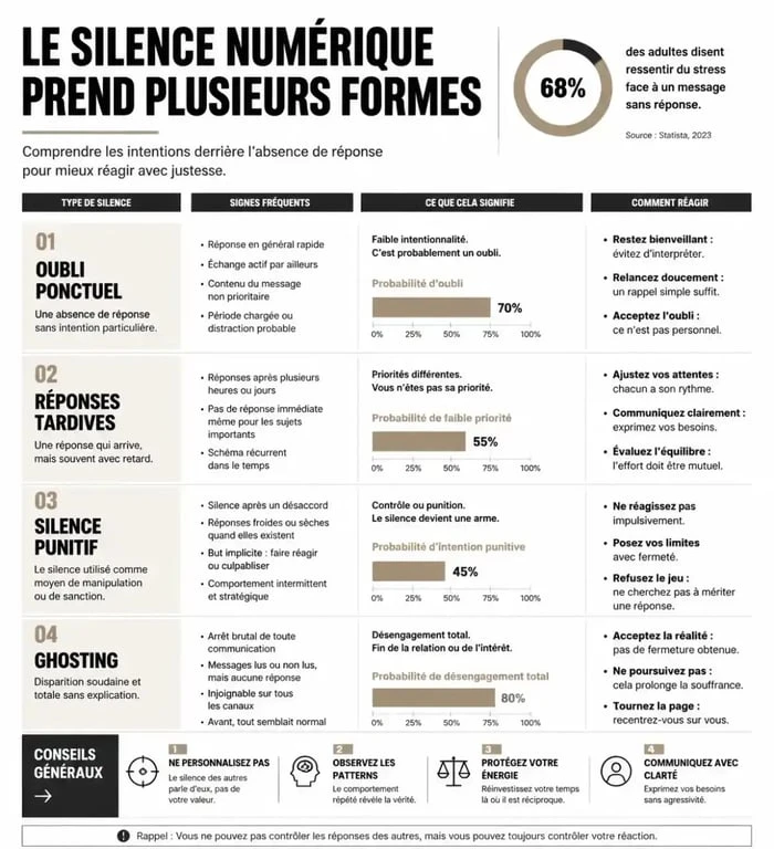 Infographie expliquant les raisons du silence après lecture d'un message et comment réagir face à un message lu sans réponse
