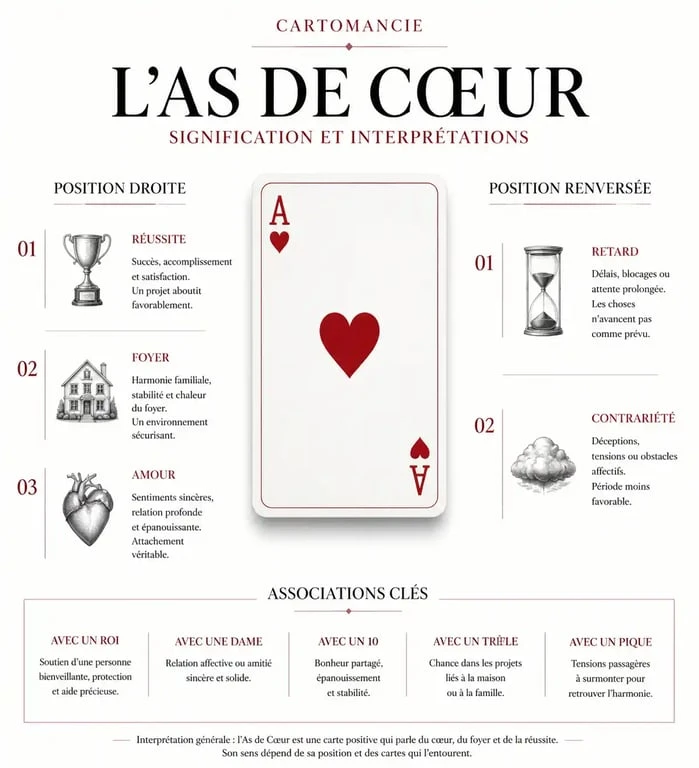Infographie explicative de la signification de l'as de cœur en cartomancie, détaillant les interprétations droite et renversée.