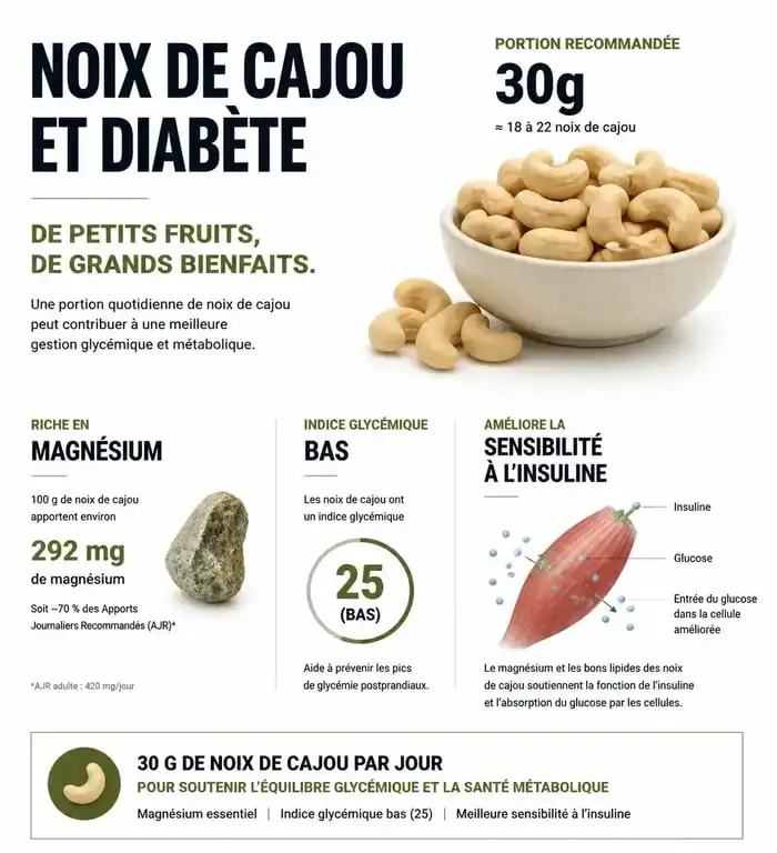 Infographie des bienfaits nutritionnels des noix de cajou pour le diabète et la glycémie