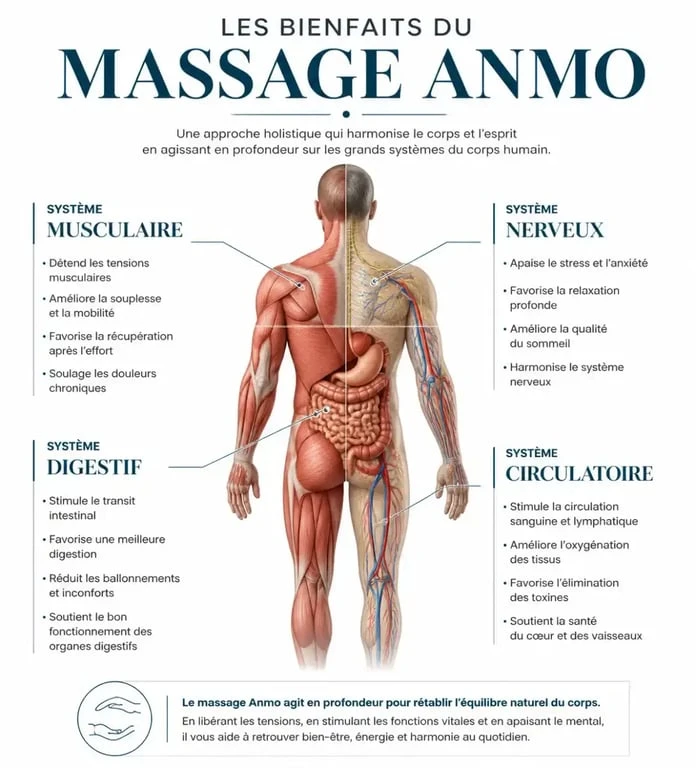 Infographie des bienfaits du massage Anmo sur le corps humain