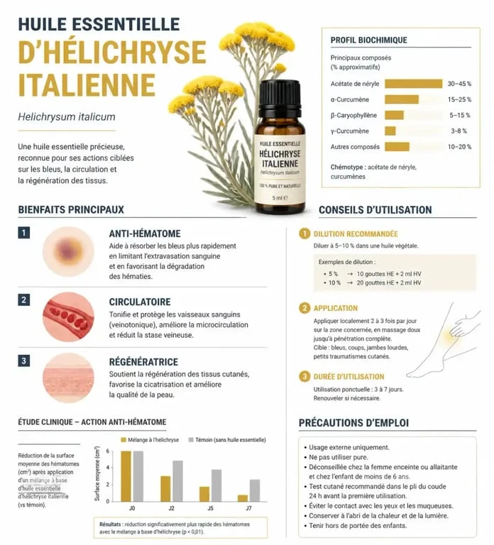 Infographie des bienfaits et conseils d'utilisation de l'huile essentielle d'hélichryse italienne pour la peau et la circulation