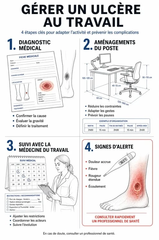 Infographie sur la gestion d'un ulcère au travail et les aménagements possibles pour le salarié