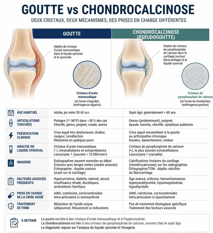Infographie explicative sur la différence entre la goutte et la chondrocalcinose