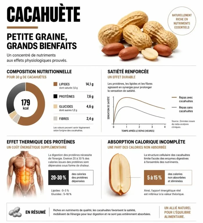 Infographie sur les bienfaits nutritionnels et l'impact des cacahuètes sur le poids