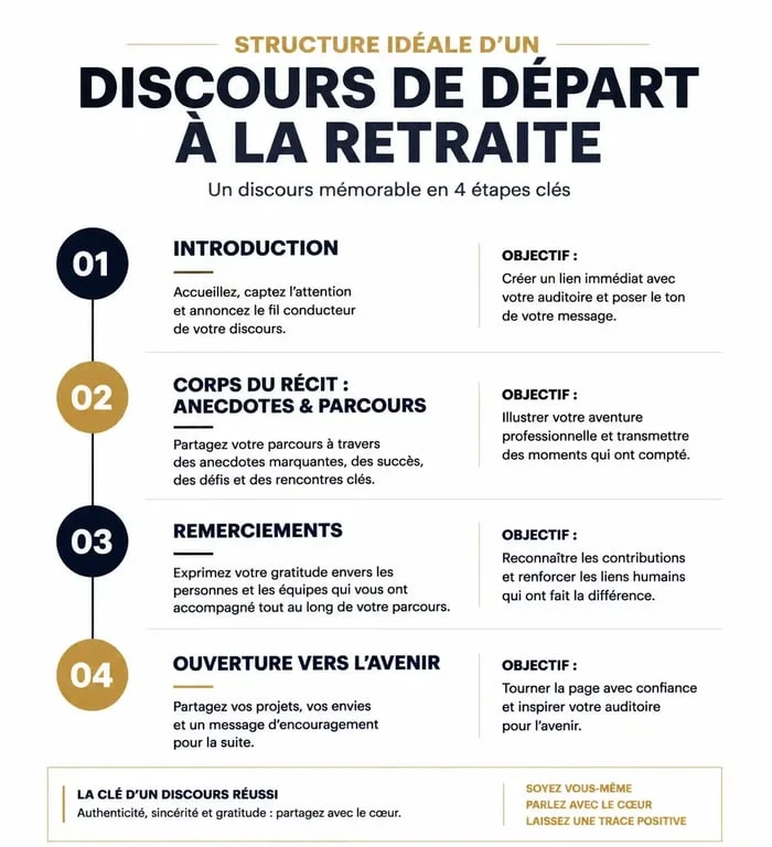 Infographie illustrant la structure d'un discours de départ à la retraite réussi