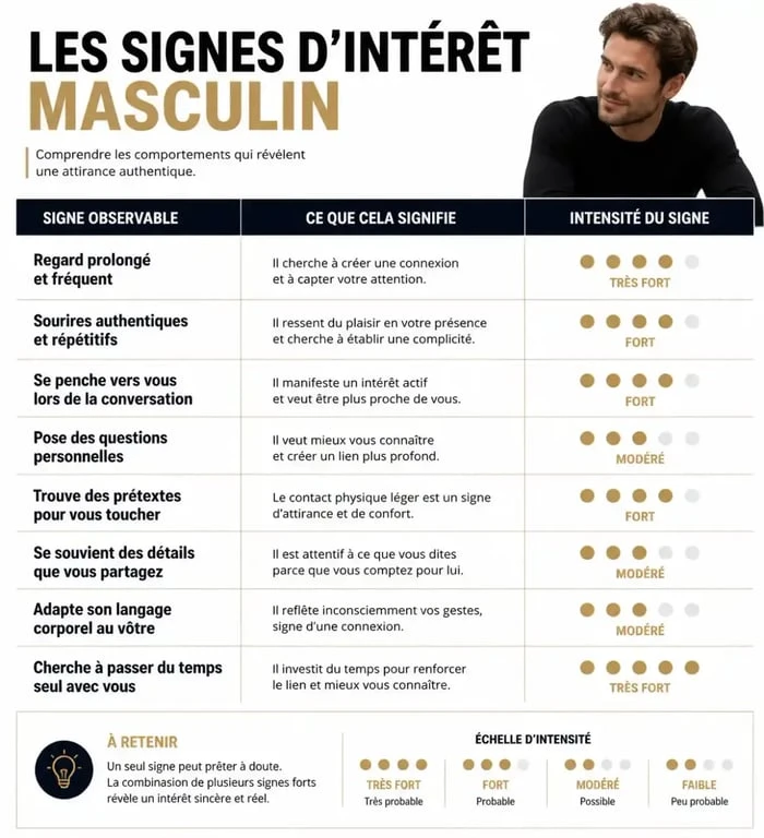 Tableau comparatif des signes d'intérêt pour comprendre quand un homme tourne autour sans agir
