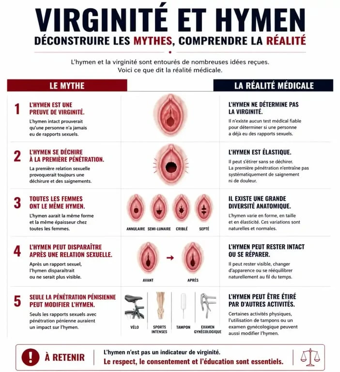 Infographie comparant les mythes et la réalité médicale sur la virginité et l'hymen