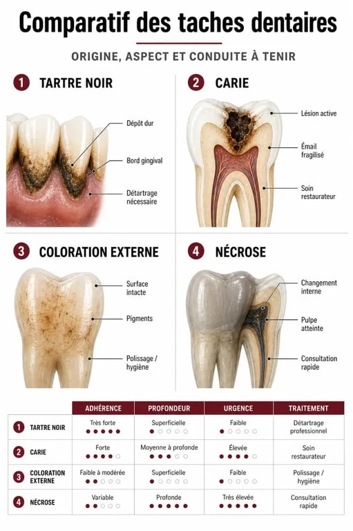 Infographie comparative des différents types de taches noires sur les dents et leurs causes