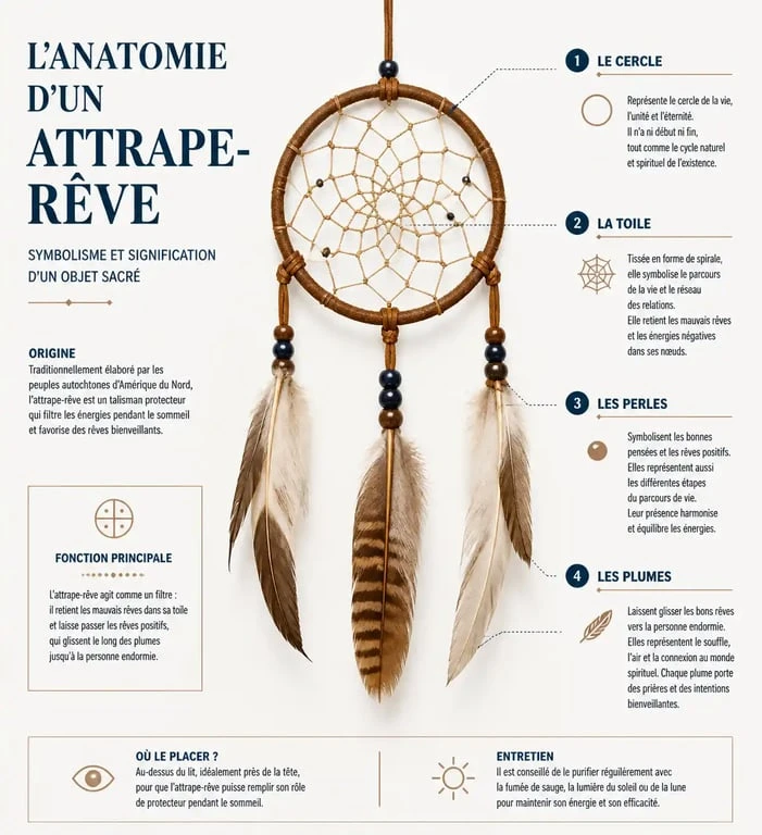 Infographie expliquant la signification des éléments d'un tatouage attrape-rêve : cercle, toile, plumes et perles.