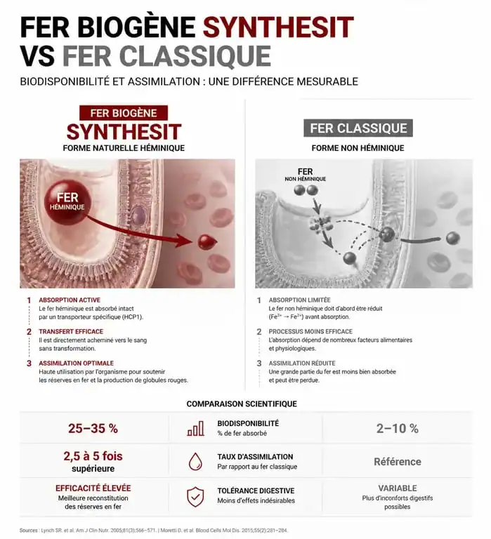 Infographie comparative : biodisponibilité et avantages du fer biogène Synthesit par rapport au fer classique