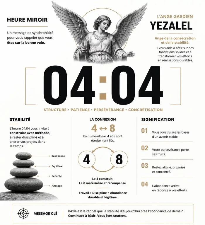 Infographie sur la signification spirituelle et numérologique de l'heure miroir 04h04