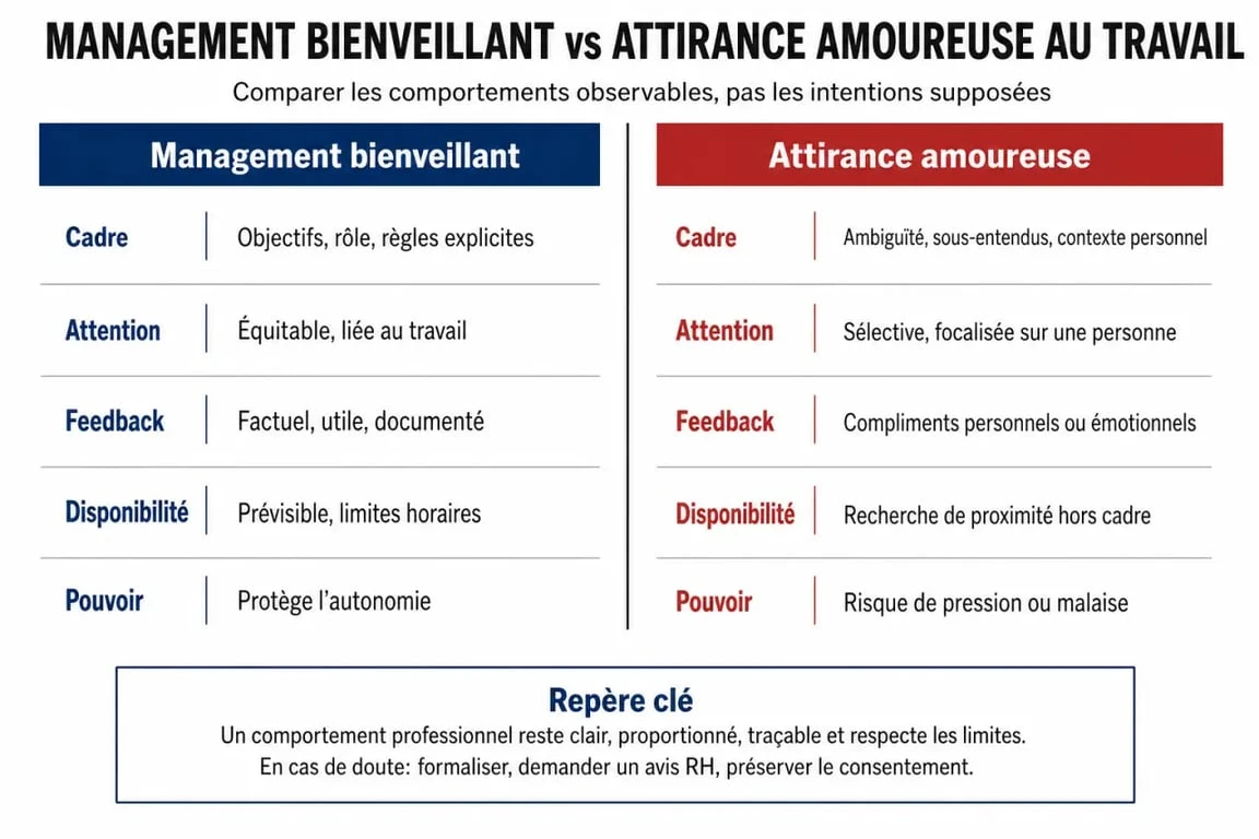 Infographie comparative : signes d'un patron amoureux vs management bienveillant au travail