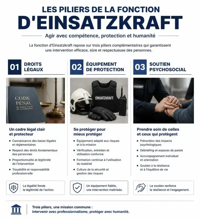 Infographie sur les droits, équipements et soutien psychologique des Einsatzkräfte