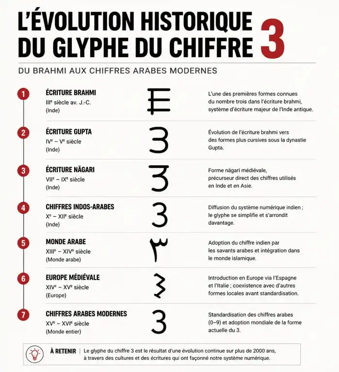 Évolution historique du glyphe du chiffre 3, du tracé ancien au standard moderne