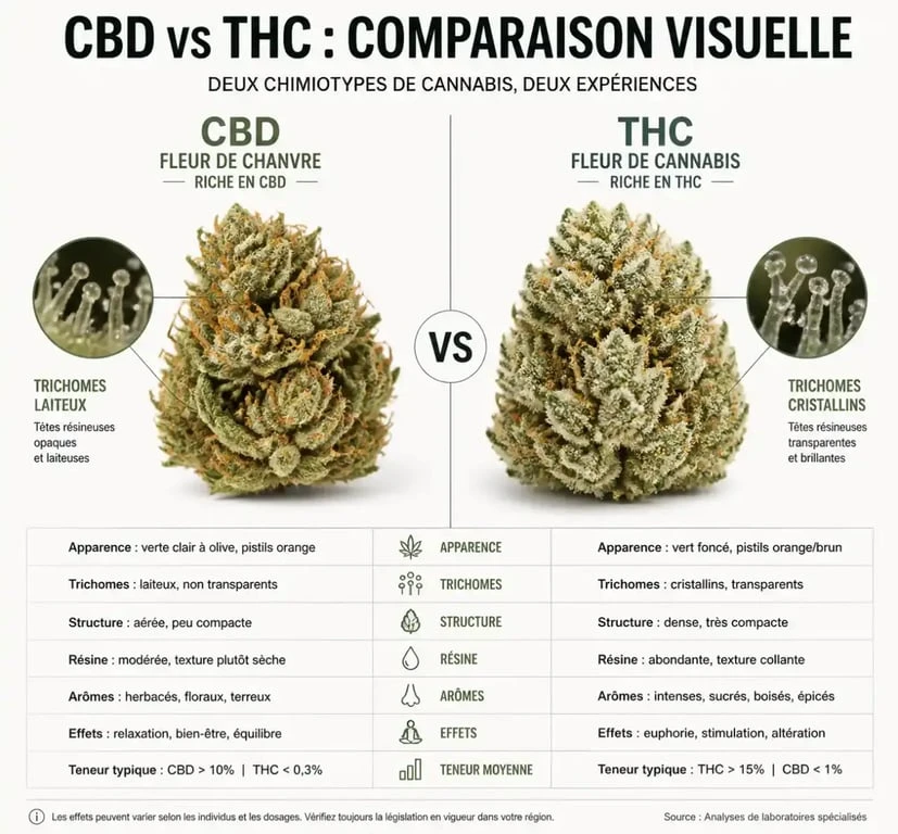 Comparaison visuelle entre une fleur de CBD et une fleur de cannabis riche en THC pour identifier la différence cbd et beuh visuellement