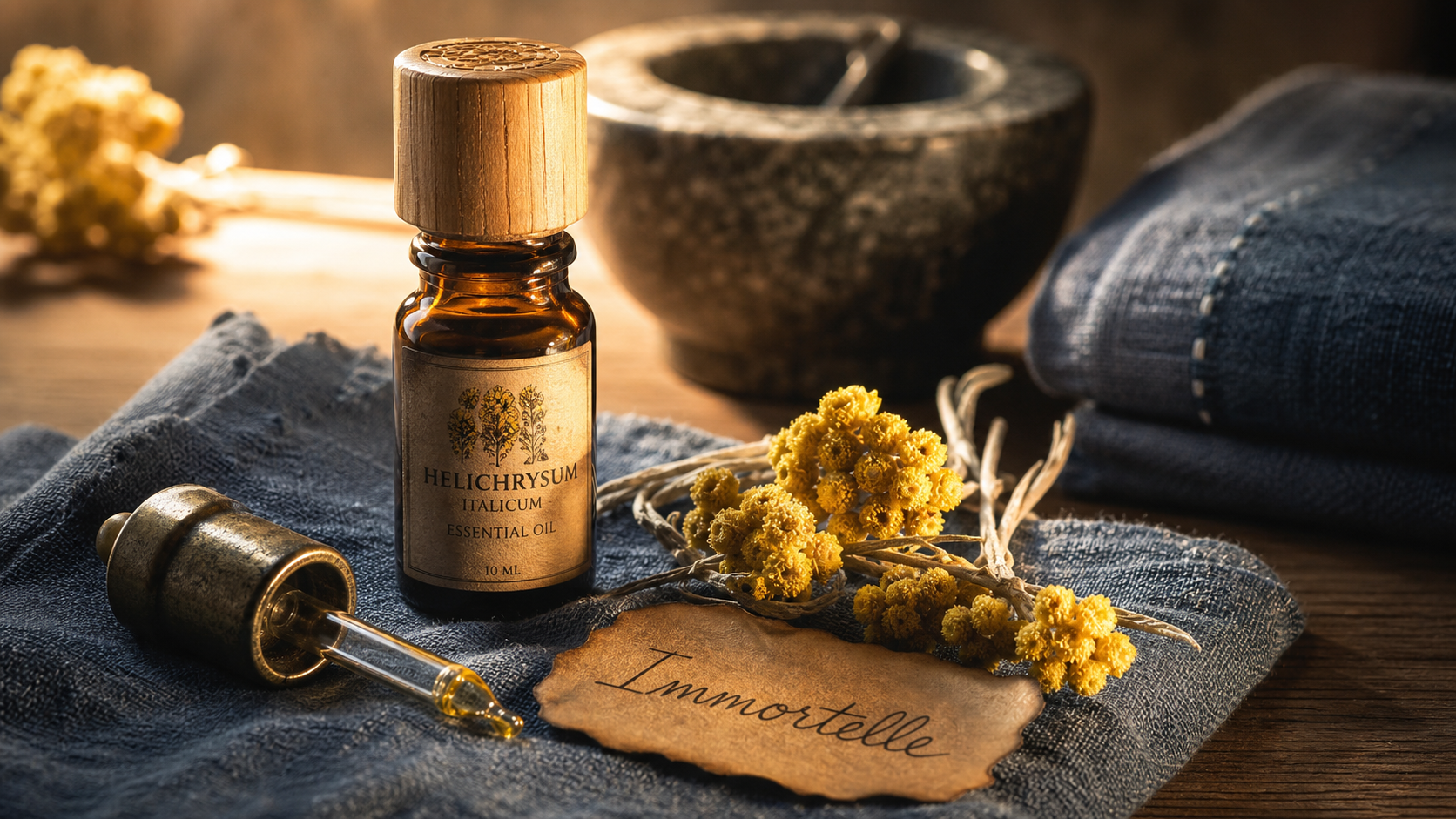 Huile essentielle hélichryse italienne bienfaits, flacon ambré et fleurs d’immortelle
