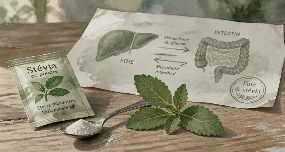 Stevia danger pour le foie : sachet de stévia, feuille et schéma du foie