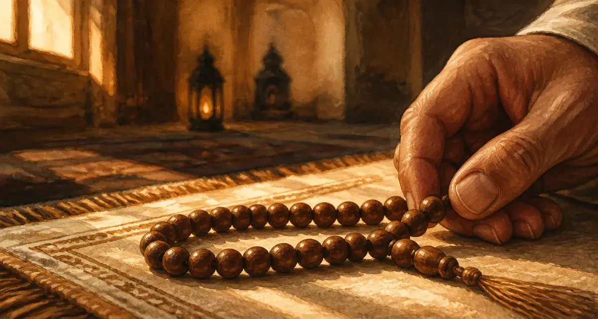 Tasbih 33 perles en bois sur tissu de prière, dhikr serein