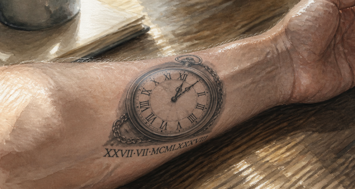 tatouage horloge date de naissance réaliste avant-bras