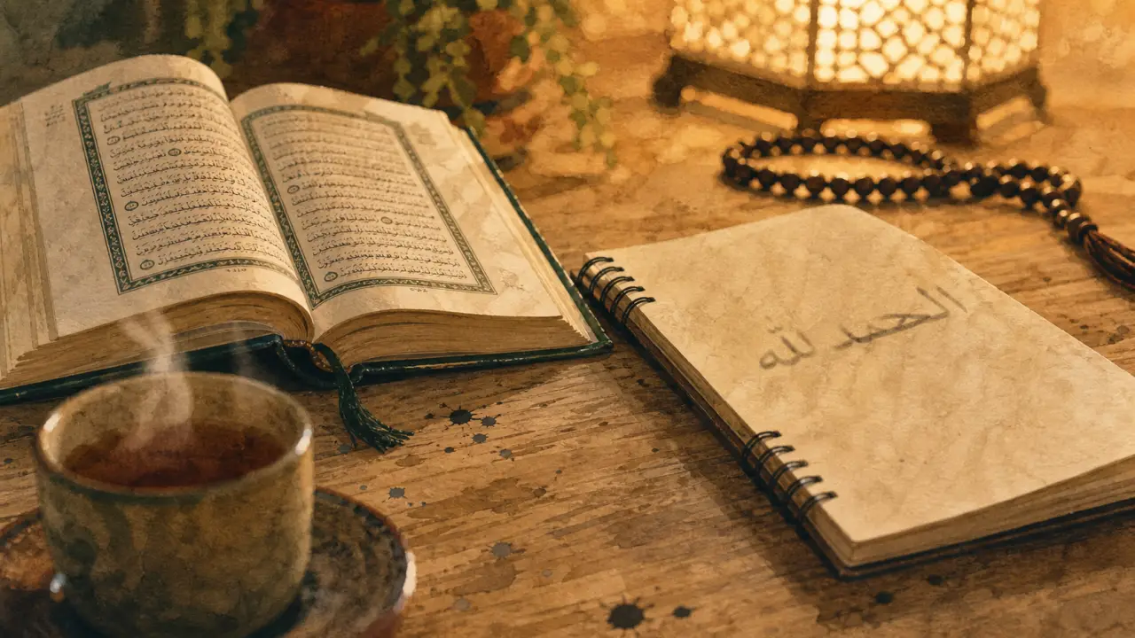 Alhamdulillah traduction : carnet, Coran, thé et chapelet, écriture الحمد لله