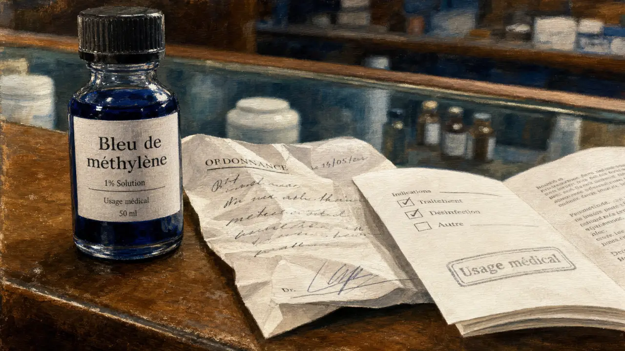 Bleu de méthylène interdit en pharmacie : flacon médical et dangers hospitaliers