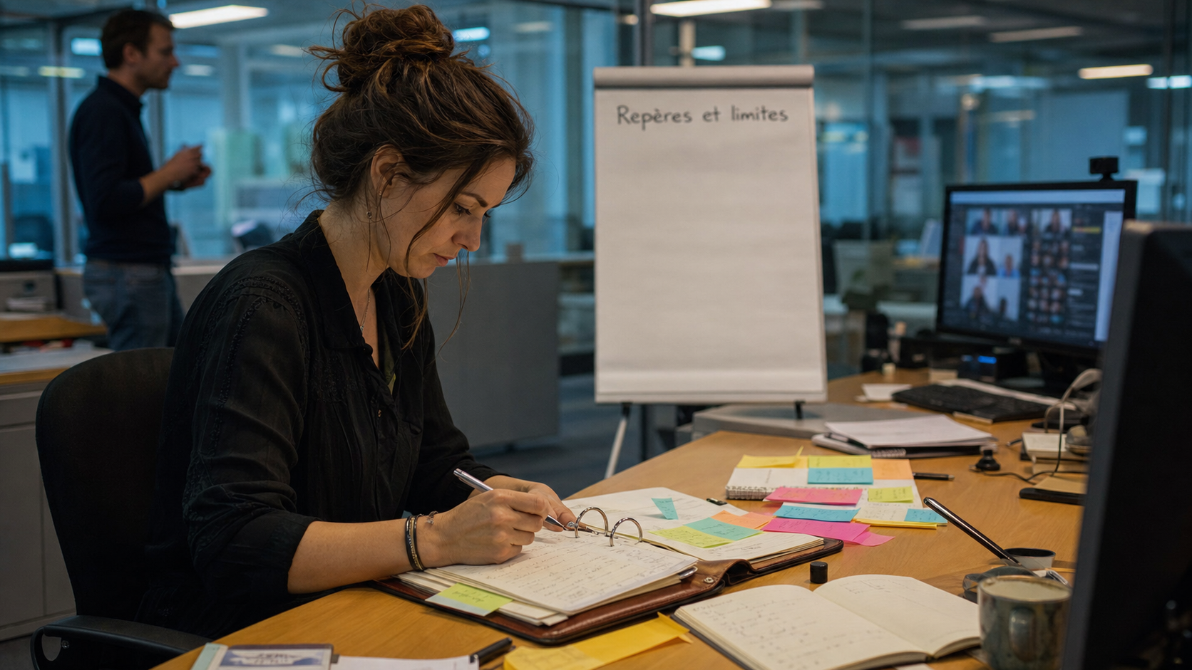 Collègue toxique : femme au bureau, collègue en arrière-plan, stress au travail