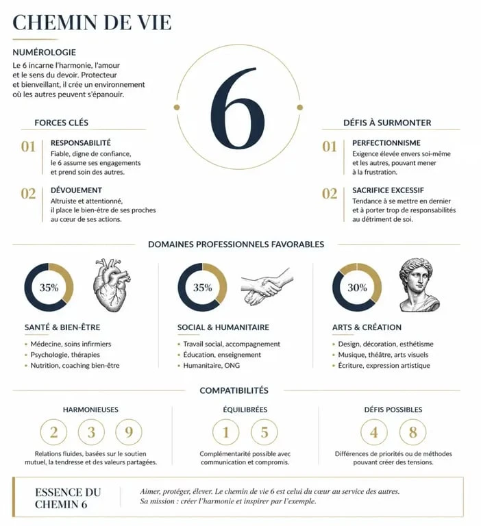 Infographie récapitulative des caractéristiques, forces et défis du chemin de vie 6 en numérologie.