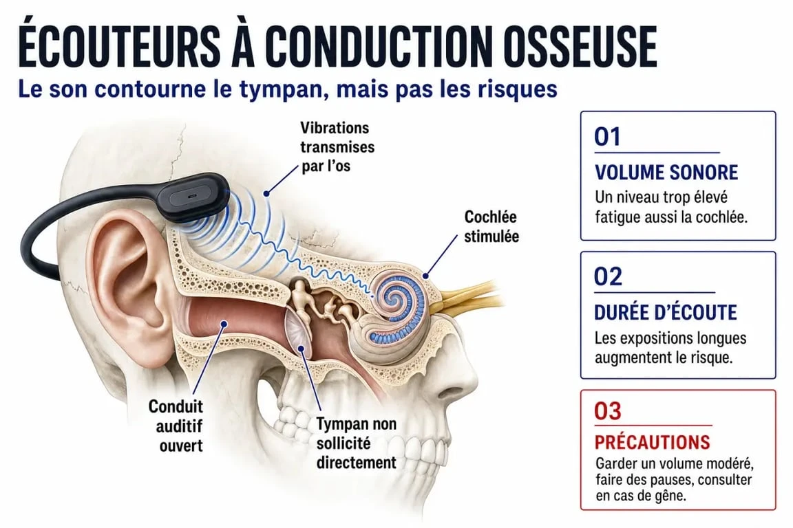 Schéma des écouteurs conduction osseuse danger avec transmission des vibrations vers la cochlée et précautions d’usage