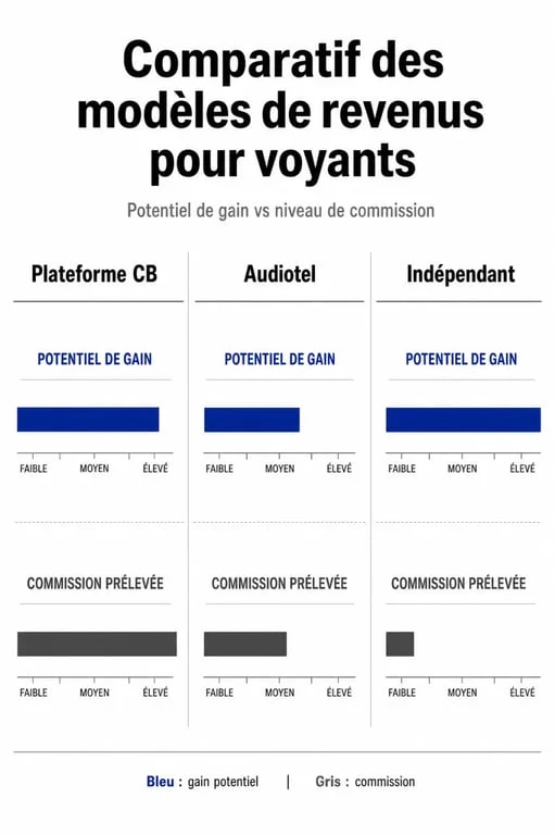 Infographie comparative des modèles de rémunération pour les voyants en ligne : plateforme de voyance qui paye bien vs indépendant