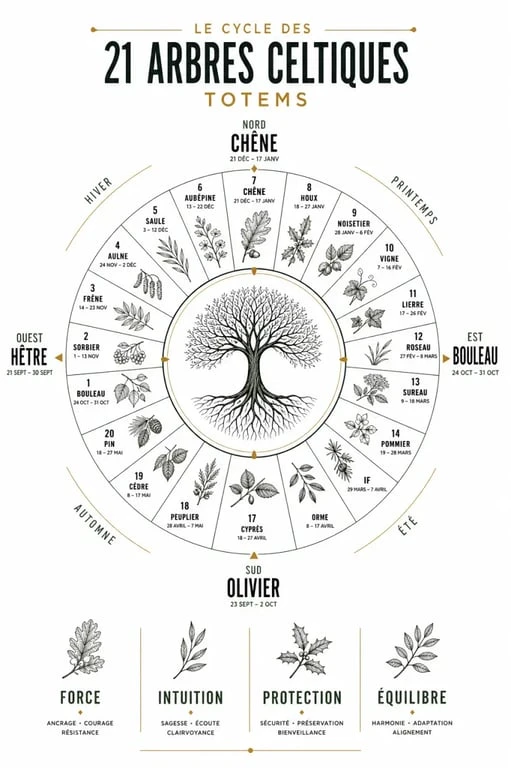 Arbre celtique signification : schéma visuel du cycle annuel des arbres totems celtiques