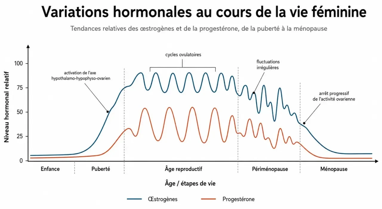 Schéma des variations hormonales chez la femme : effets des hormones sur la santé à travers les étapes de la vie.