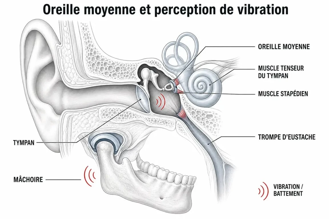Tympan qui vibre tout seul : schéma de l’oreille montrant le tympan, la trompe d’Eustache et les causes possibles
